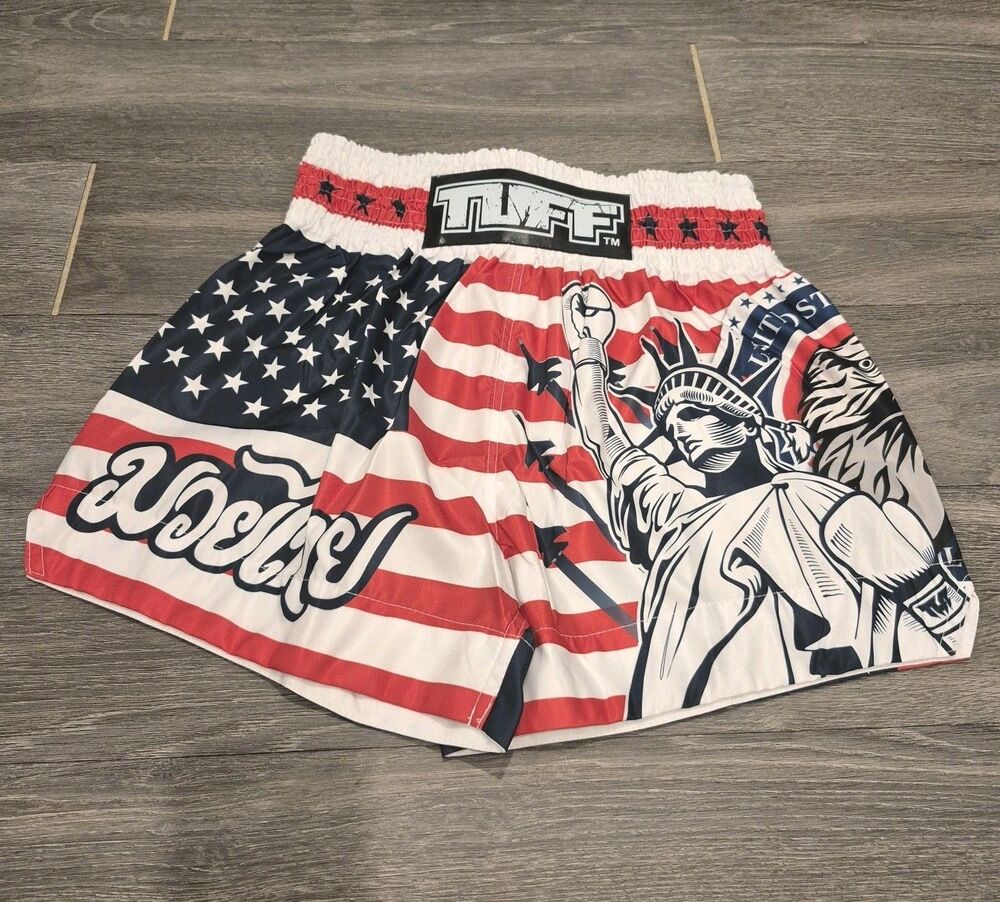 TUFF Muay Thai Shorts USA Flag Statue of Liberty Boxing Trunks MMA Men's L NWT
